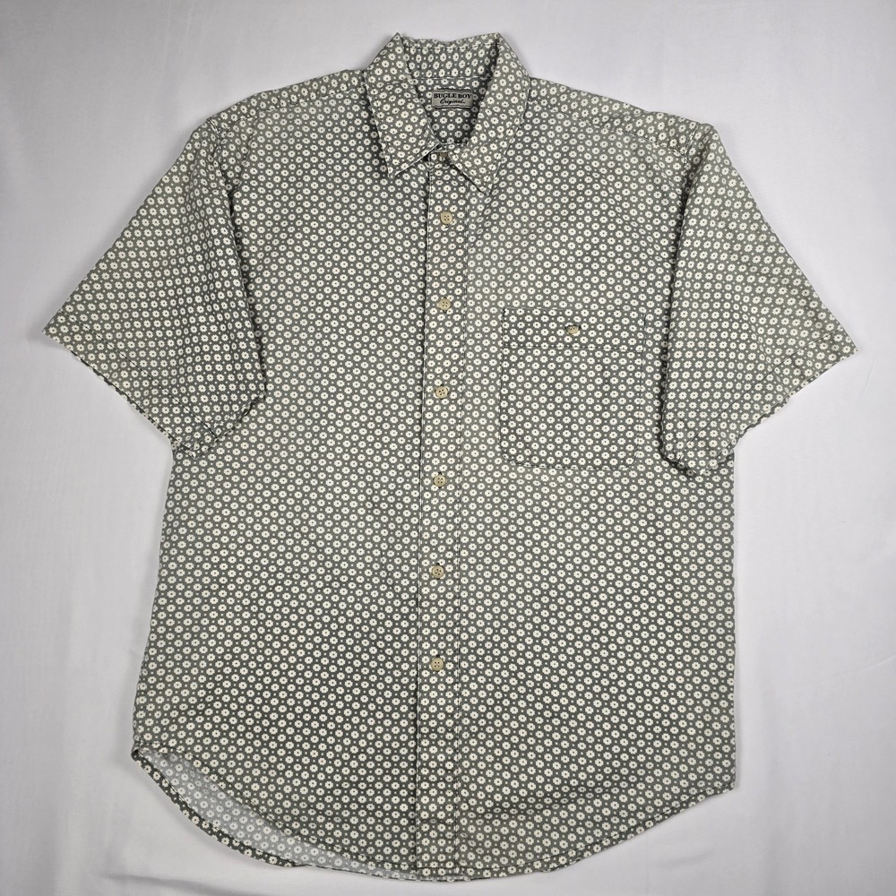 Vintage Bugle Boy Shirt Mens M Short Sleeve Green Geometric Button Down